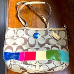 Coach Brown and Blue Shoulder Bag with Signature Design